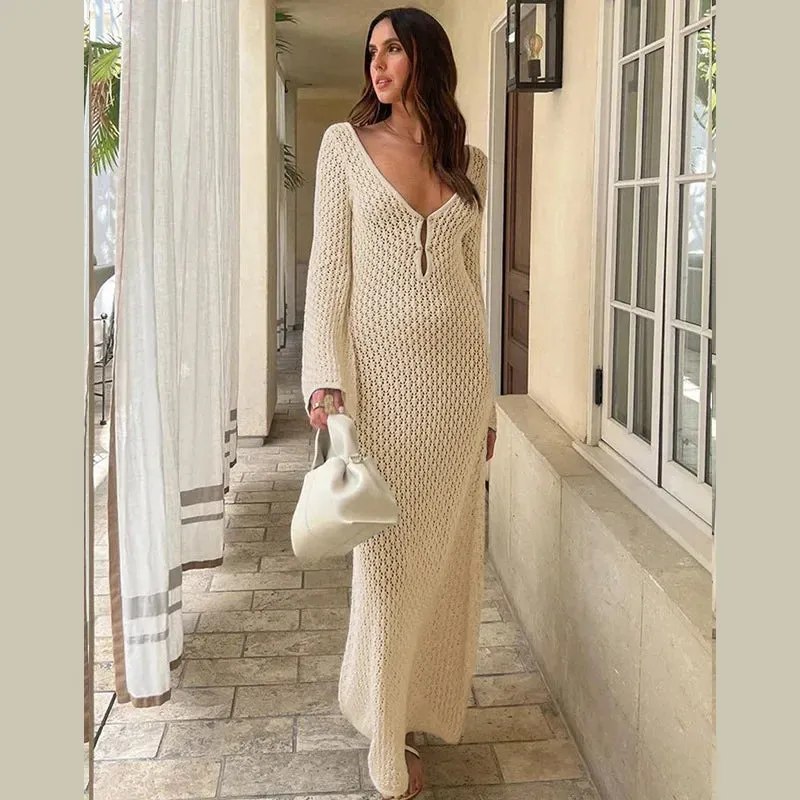 Long Sleeve Knit Beach Dress Women Sexy See Through Slim Maxi Dress Summer Elegant Solid Backless Long Dress Holiday Outfit