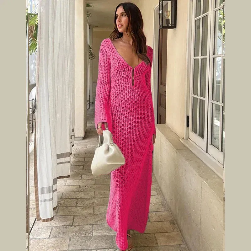 Long Sleeve Knit Beach Dress Women Sexy See Through Slim Maxi Dress Summer Elegant Solid Backless Long Dress Holiday Outfit