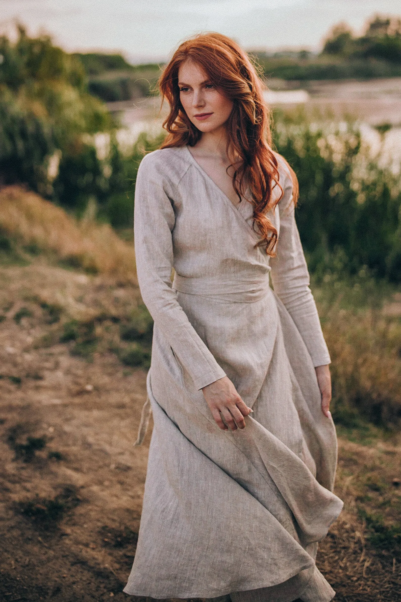 Long Sleeved Linen Wrap Dress in Midi Length