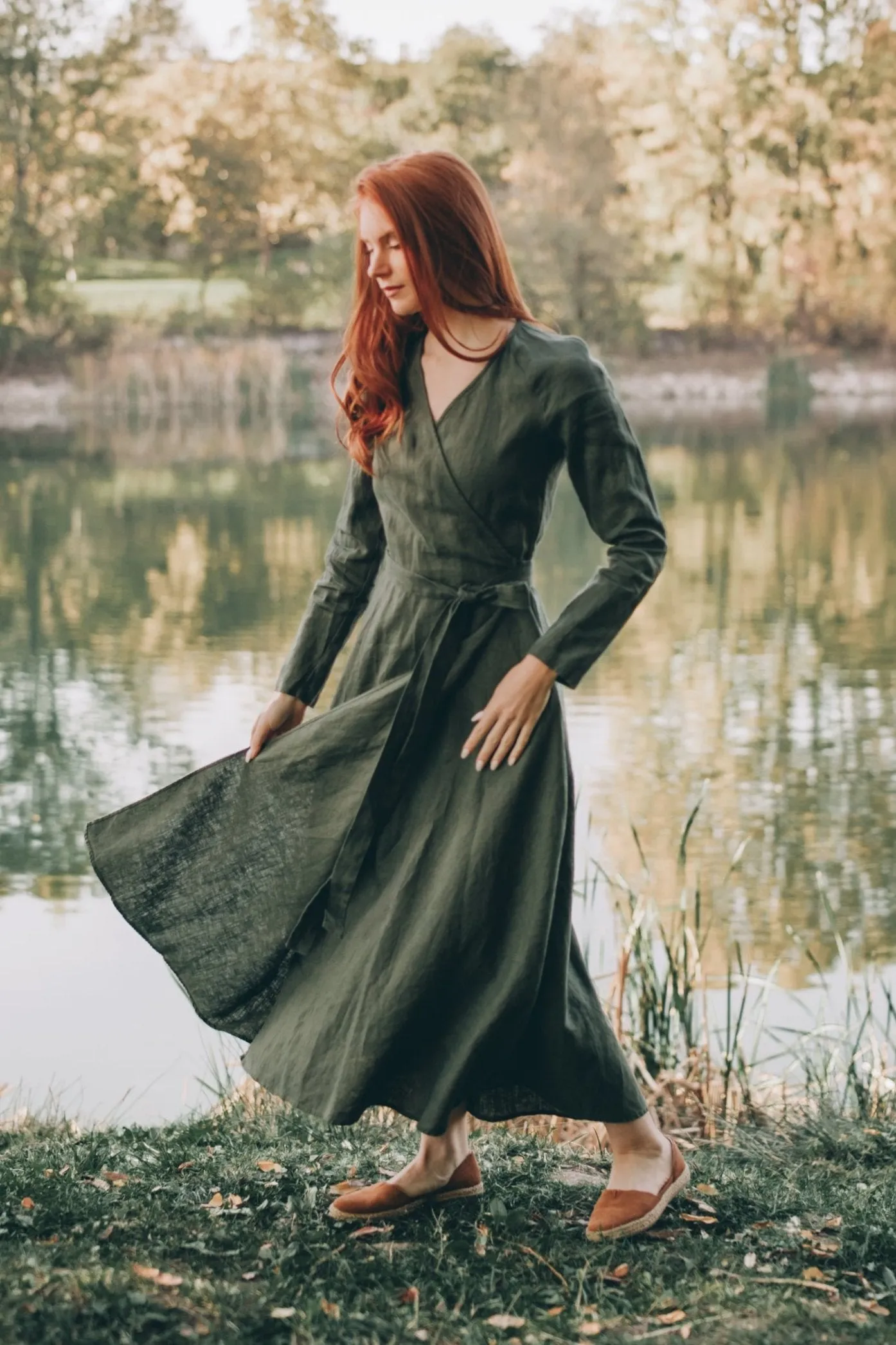 Long Sleeved Linen Wrap Dress in Midi Length