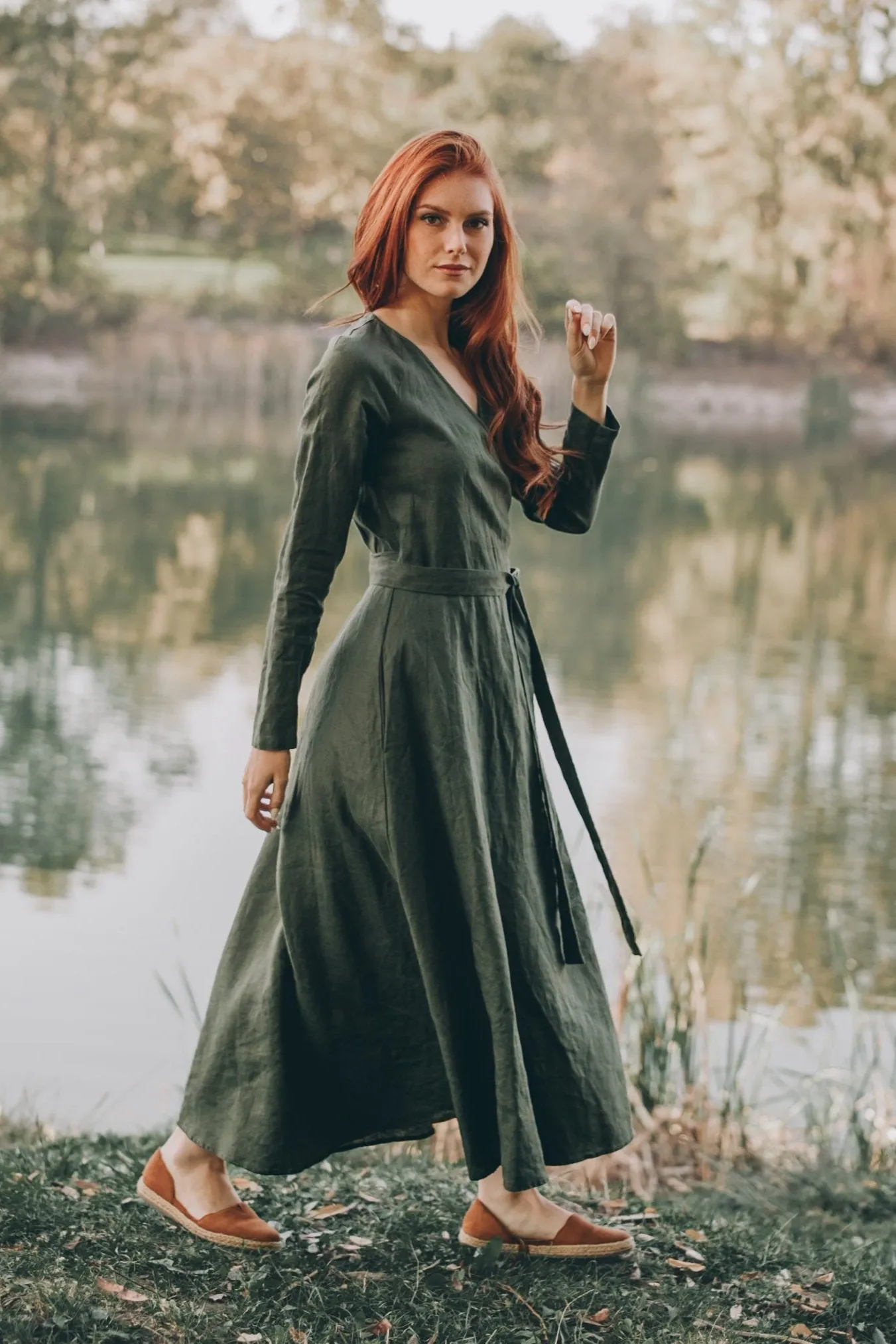 Long Sleeved Linen Wrap Dress in Midi Length