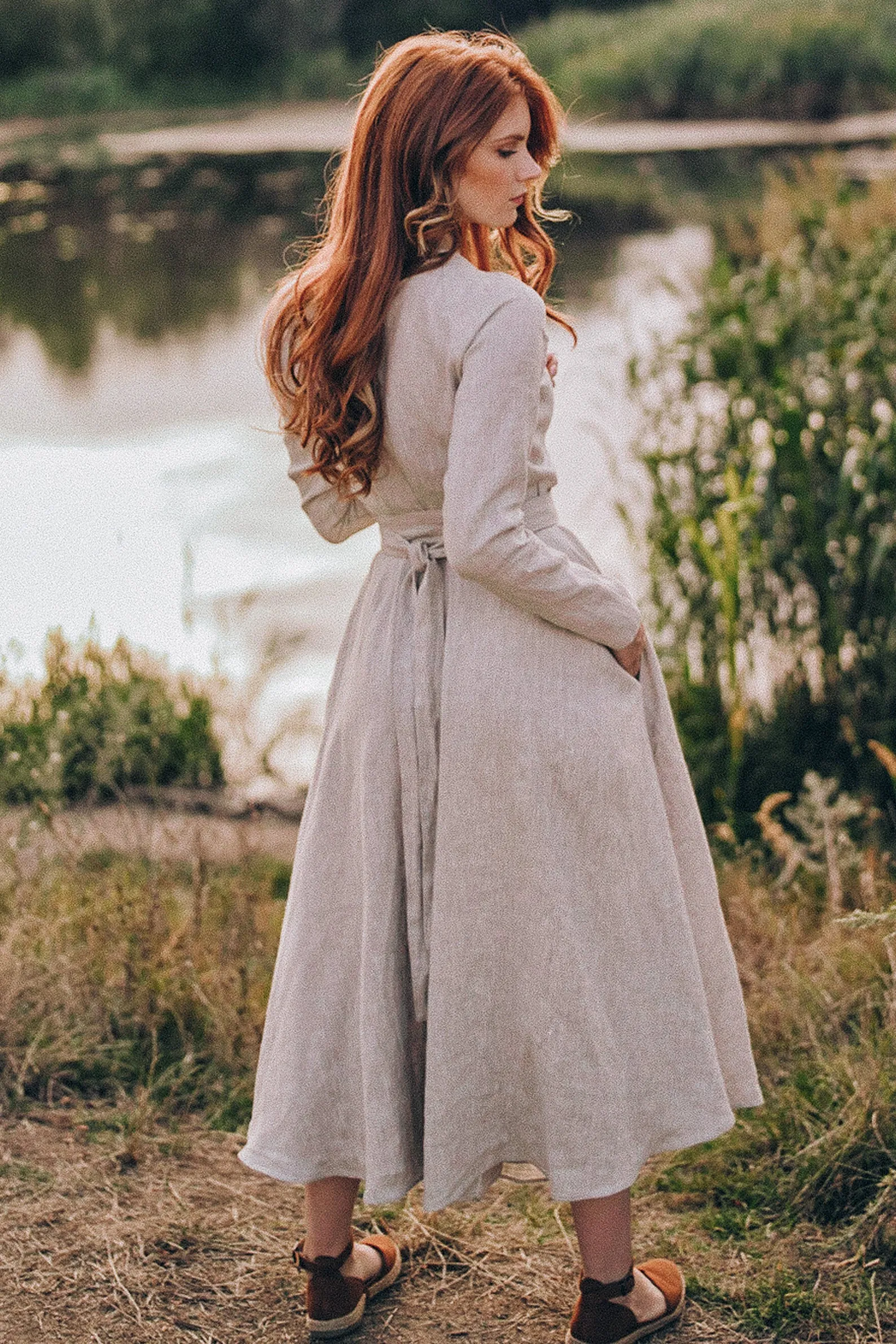 Long Sleeved Linen Wrap Dress in Midi Length