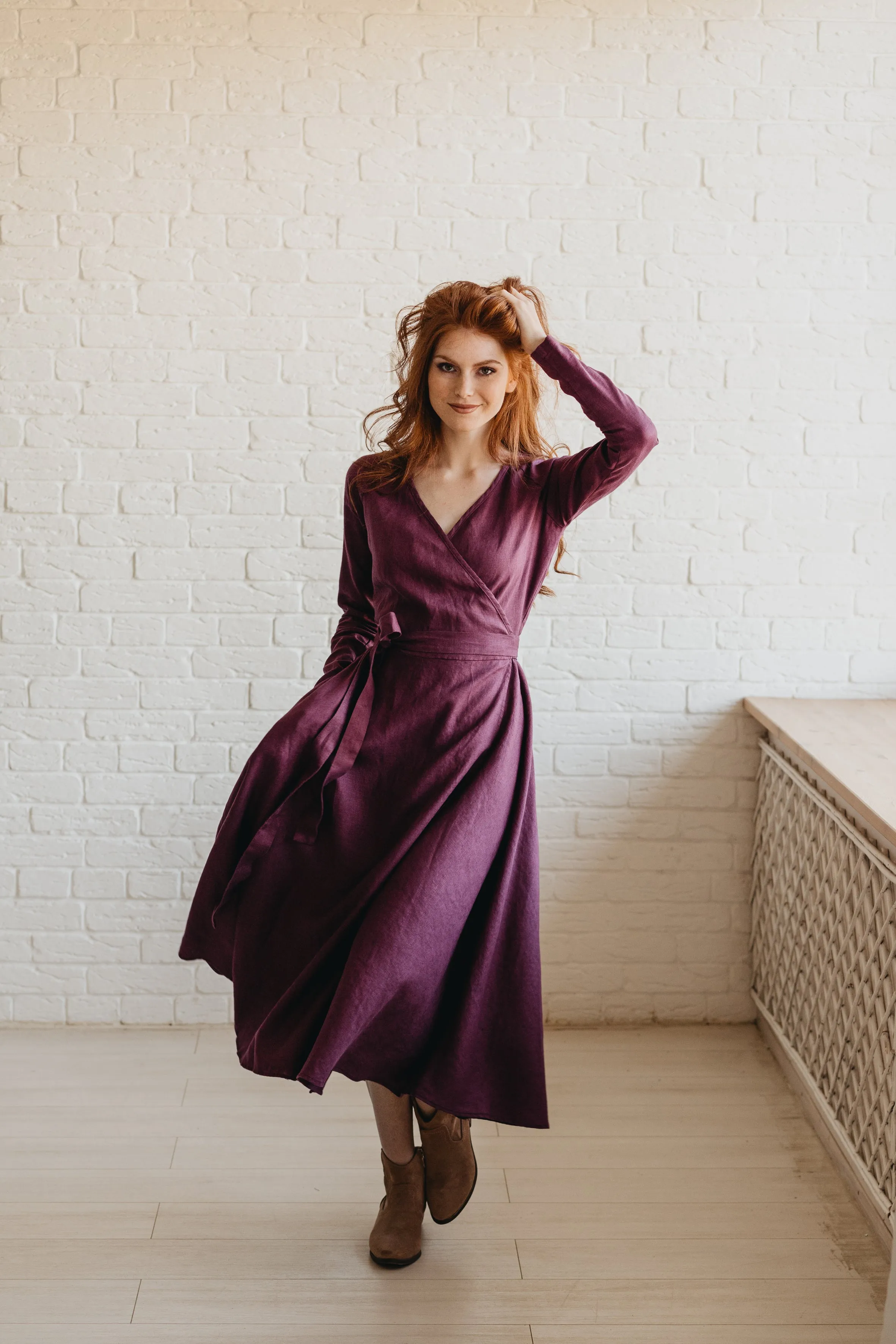 Long Sleeved Linen Wrap Dress in Midi Length