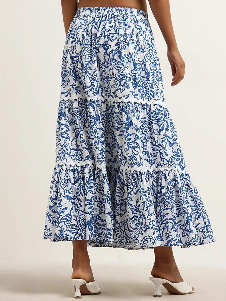 LOV Blue Printed Cotton Tiered Skirt