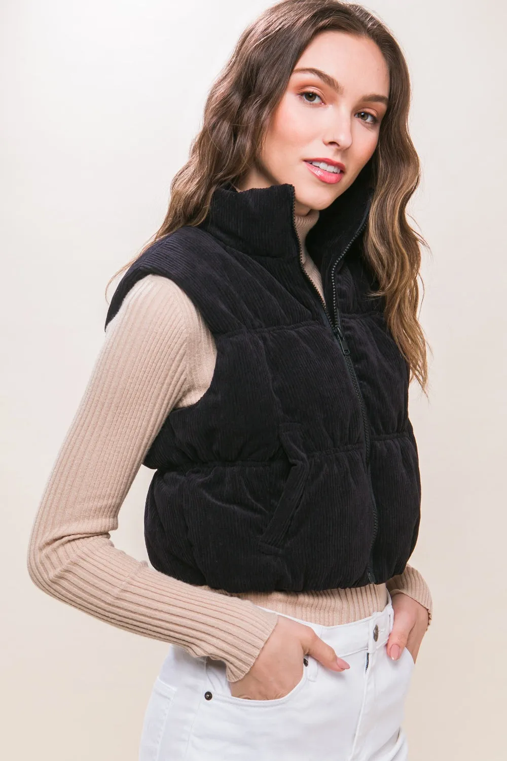 Love Tree Corduroy Zip Up Puffer Vest with Pockets