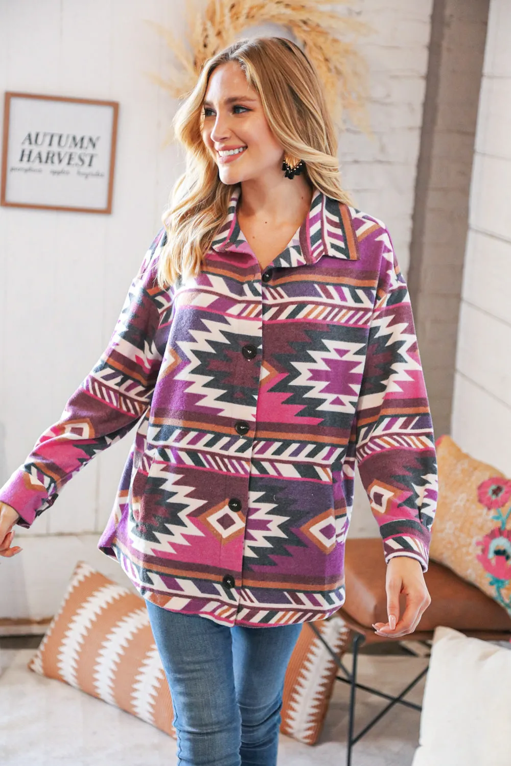 Magenta Brushed Aztec Oversized Pocketed Shacket