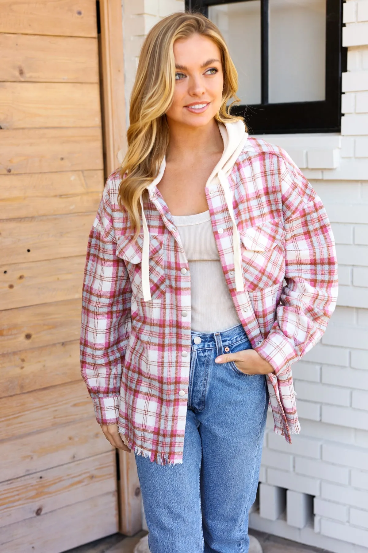 Make Your Day Pink Plaid Frayed Hoodie Jacket