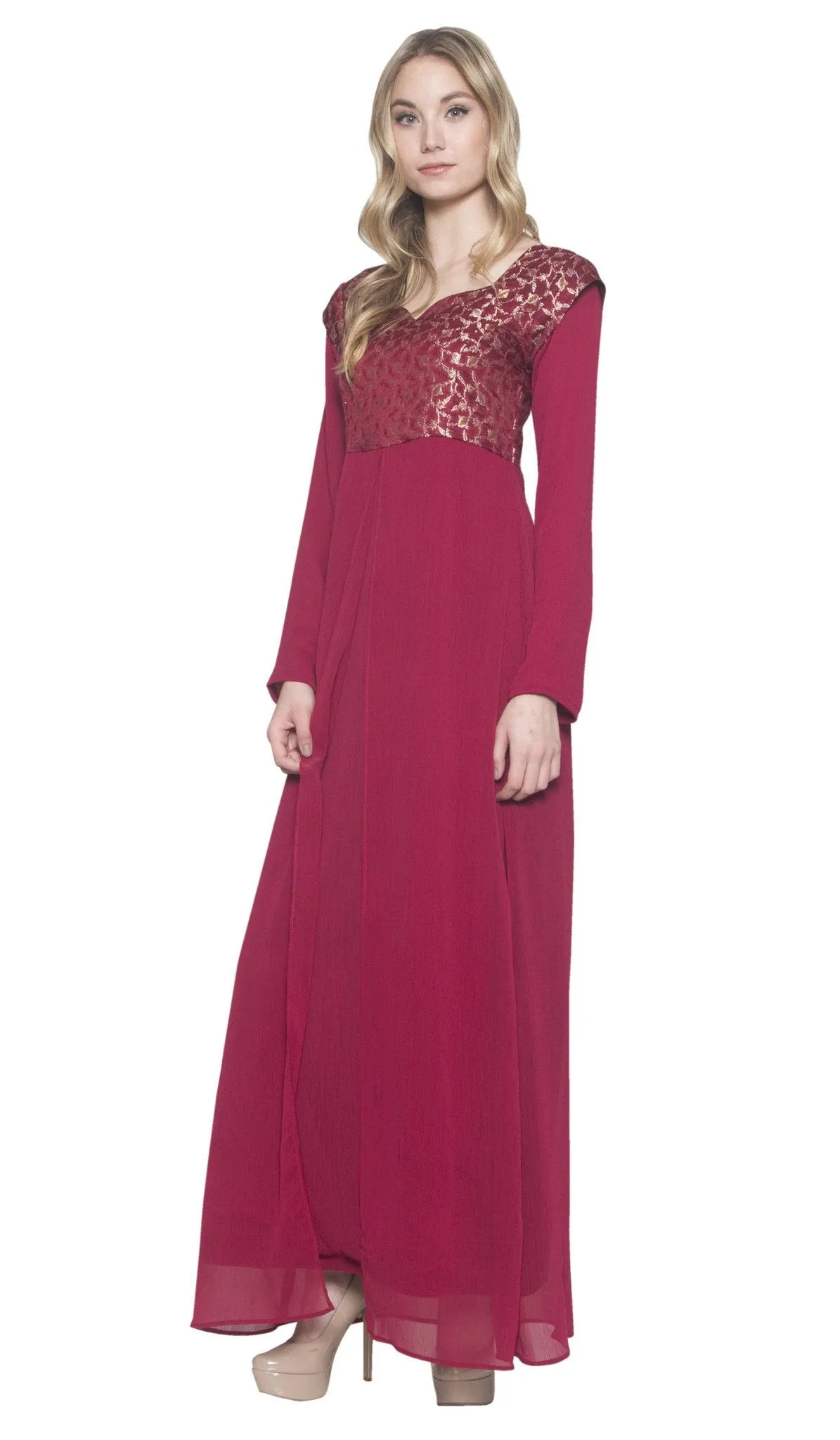 Marcella Long Sleeve Modest Muslim Formal Evening Dress - Maroon - FINAL SALE