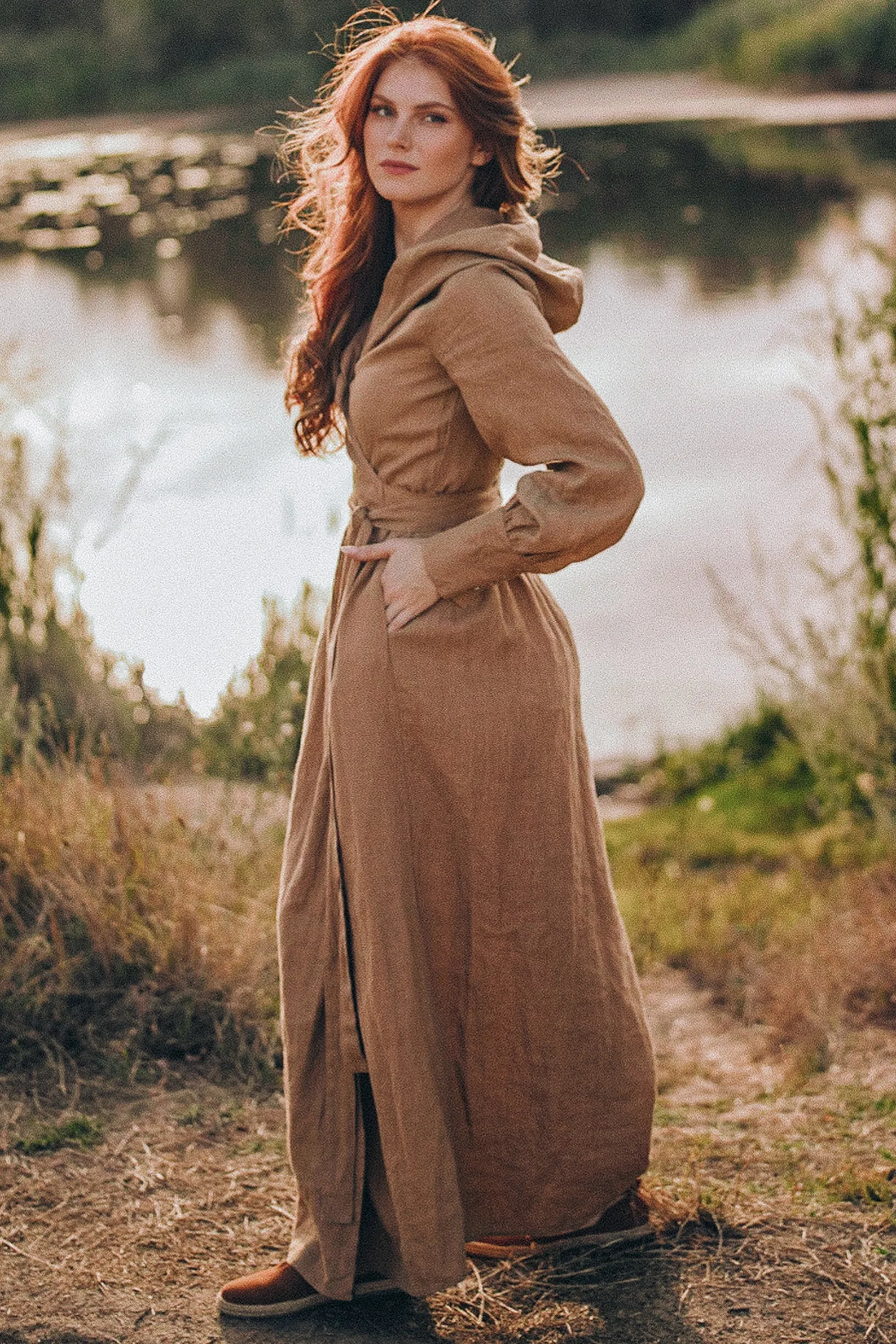 Maxi Linen Wrap Dress with a Hood