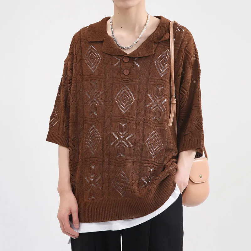 Mens Oversized Short Sleeve Waffle Knit Polo Shirt V Neck Pullover Sweater