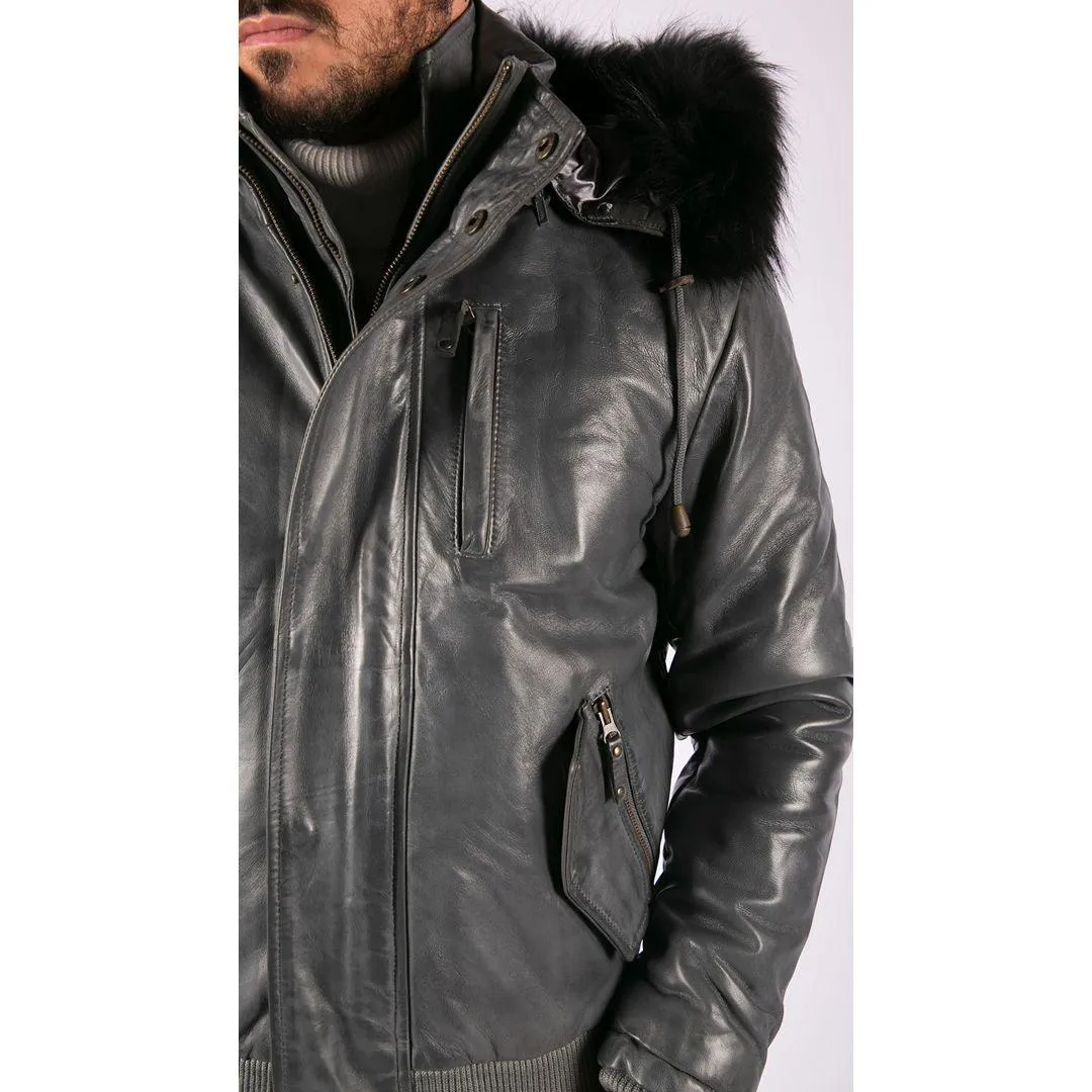 Mens Real Fur Hood Bomber Leather Jacket Black Puffer Padded