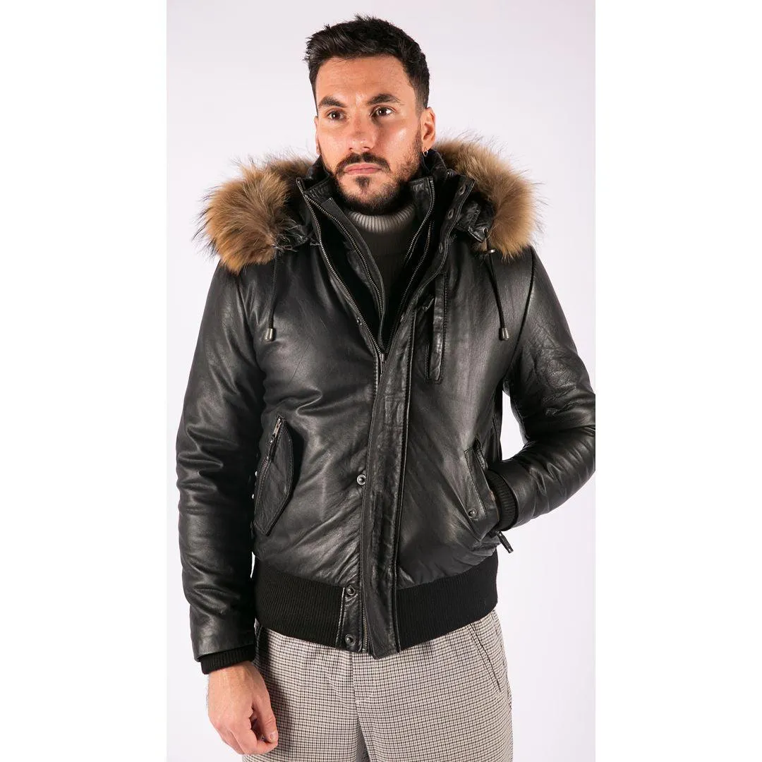 Mens Real Fur Hood Bomber Leather Jacket Black Puffer Padded