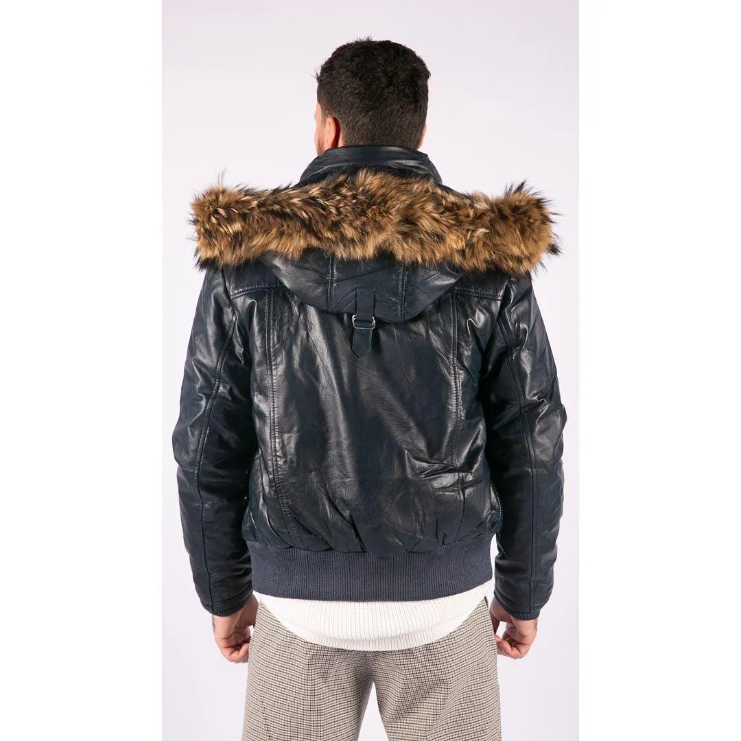 Mens Real Fur Hood Bomber Leather Jacket Black Puffer Padded