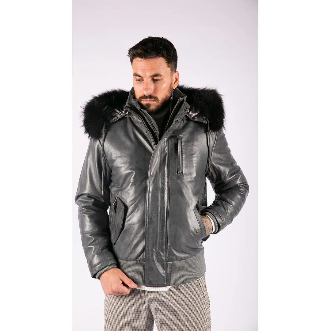 Mens Real Fur Hood Bomber Leather Jacket Black Puffer Padded