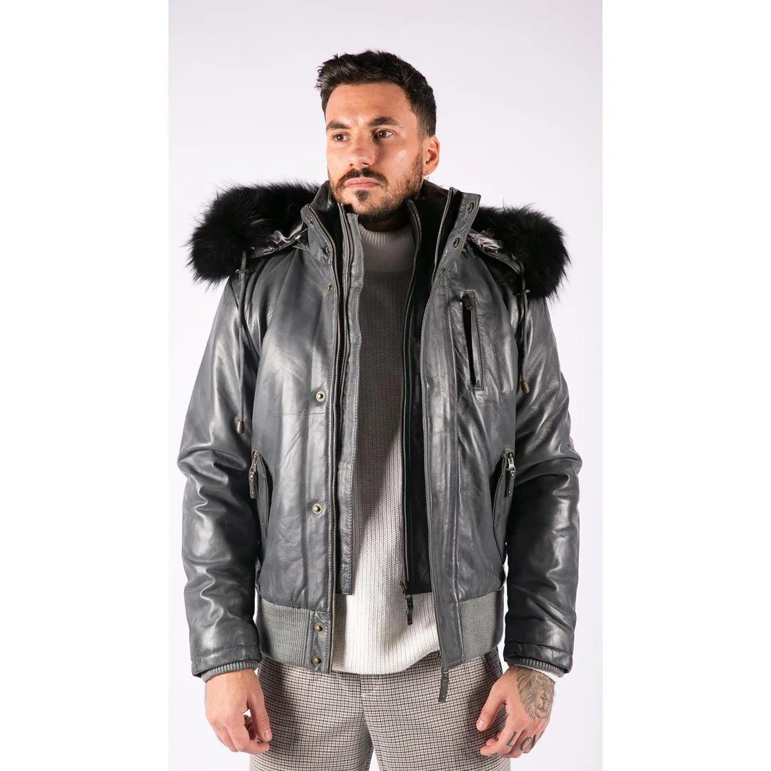 Mens Real Fur Hood Bomber Leather Jacket Black Puffer Padded