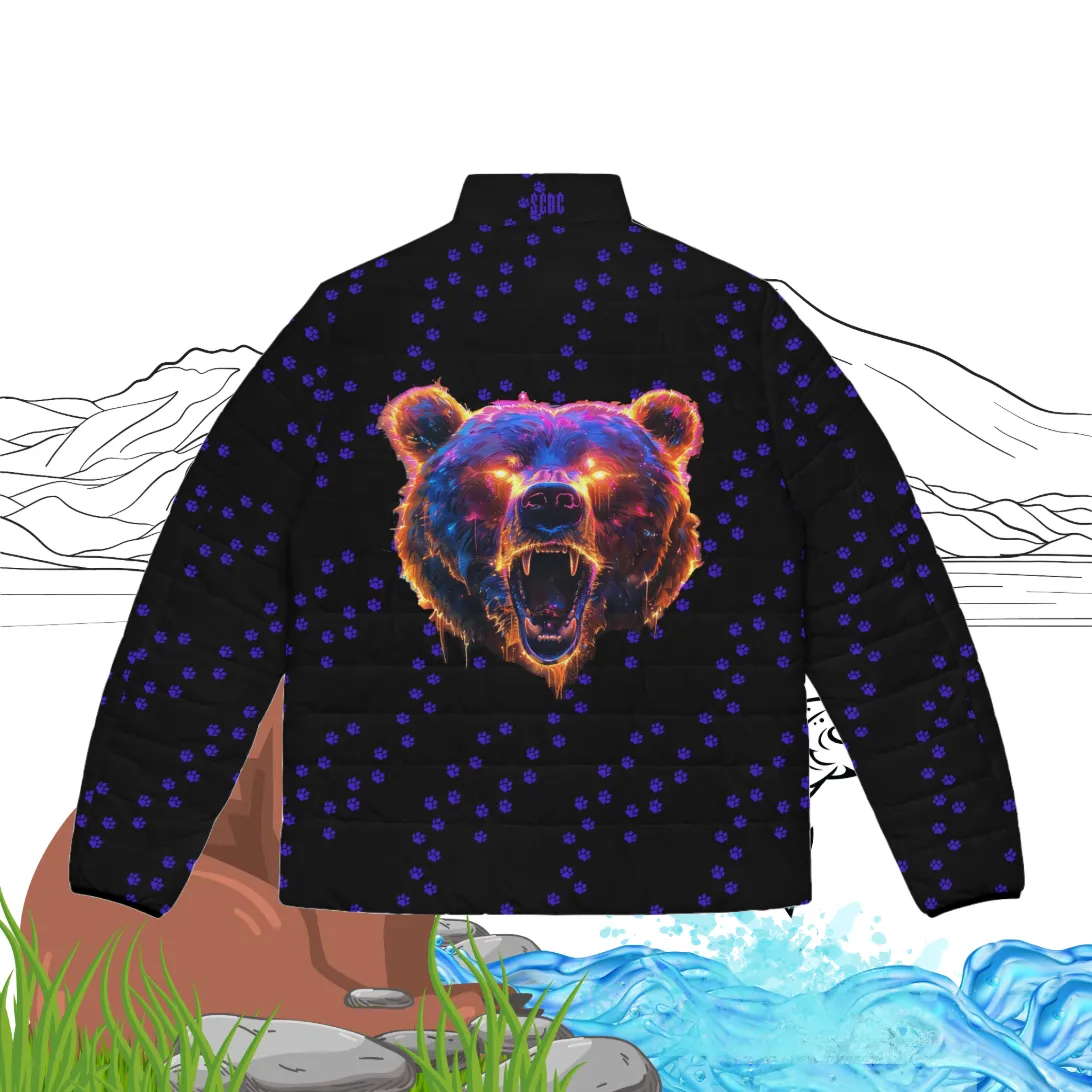 Men's SCBC "Bear-ly Alive" Puffer Jacket (AOP). Puffer Jacket, Spring, Mens Clothes, Warm Jacket, Lightweight, Bear, Graphic Design.