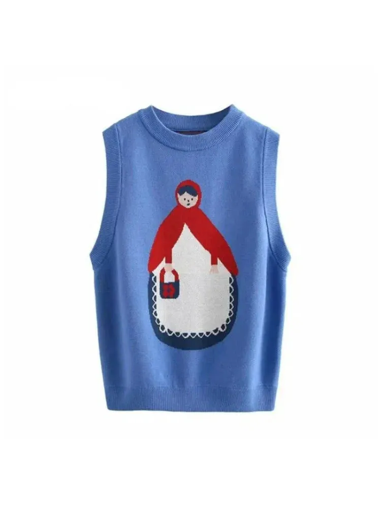 Metaversmall Women's Cartoon Embroidery Knitted Sweaters Blue Sleeveless Vest Winter Warm O-Neck Female Jumpers Pullovers