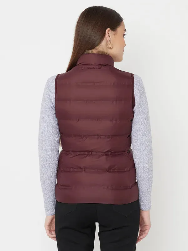 Mettle Women Maroon Sleevless Puffer Jacket