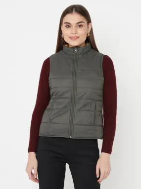 Mettle Women Olive Green Sleevless Puffer Jacket