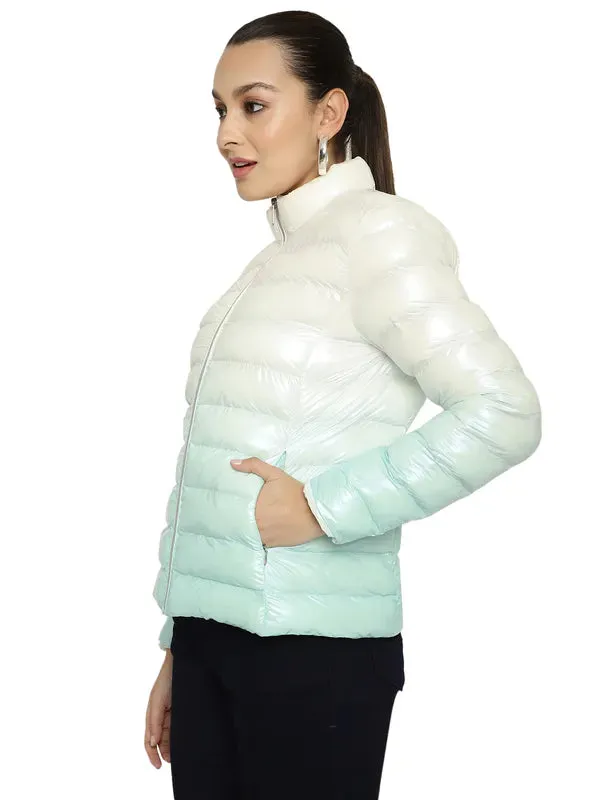 Mettle Women White Geometric Colourblocked Puffer Jacket