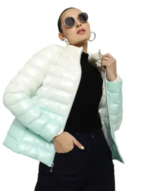 Mettle Women White Geometric Colourblocked Puffer Jacket