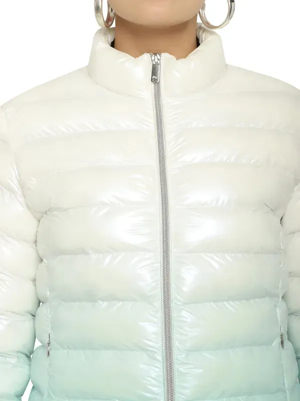 Mettle Women White Geometric Colourblocked Puffer Jacket