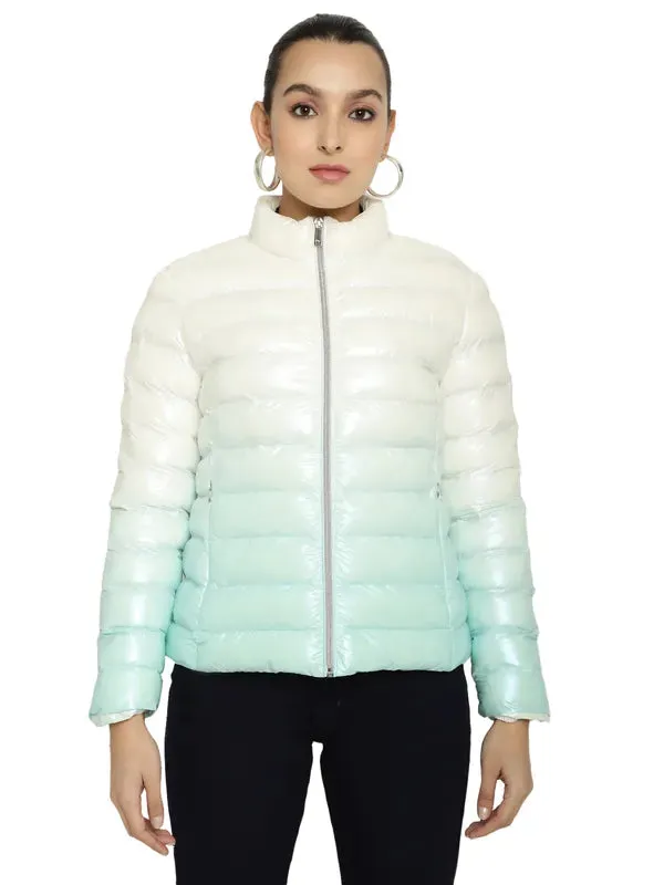 Mettle Women White Geometric Colourblocked Puffer Jacket