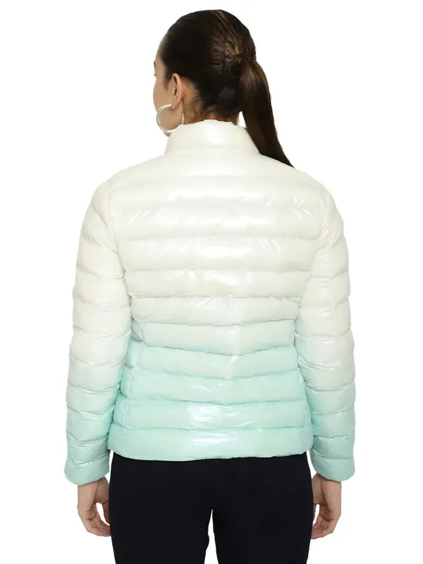 Mettle Women White Geometric Colourblocked Puffer Jacket