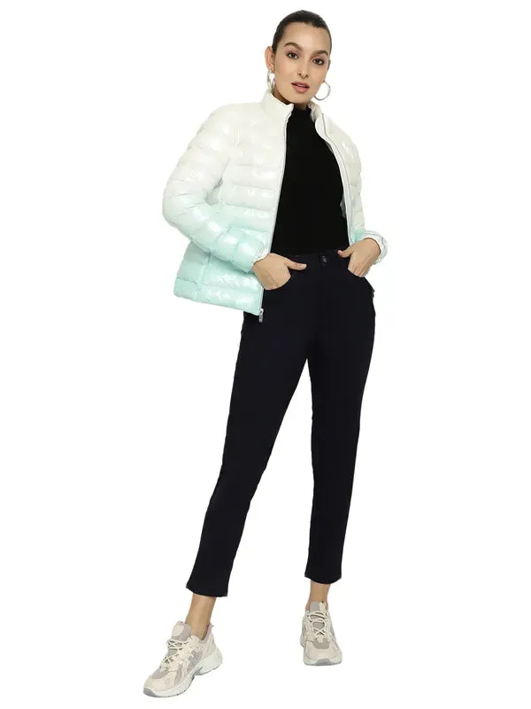 Mettle Women White Geometric Colourblocked Puffer Jacket