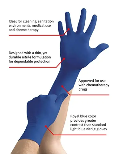 MICRO-TOUCH Royal Blue Nitrile Disposable Gloves, Powder-Free, Thin Examination Gloves for Medical Use, Chemotherapy, Cleaning, and Sanitation environments, Royal Blue, Box of 100