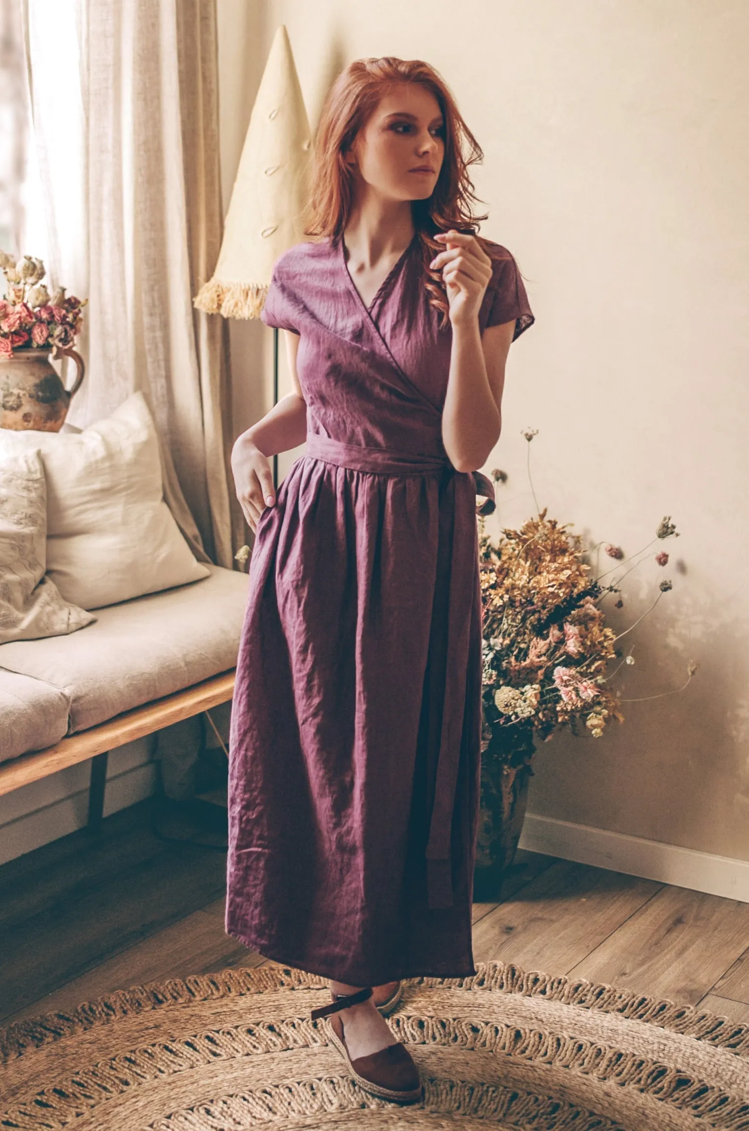 Midi Length Linen Wrap Dress with Cap Sleeve