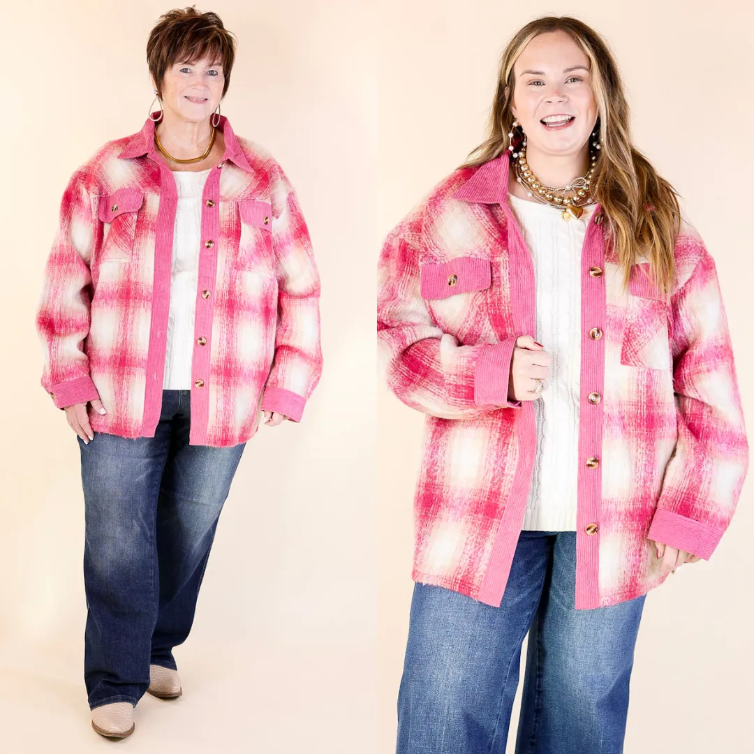 Mountain Retreat Plaid Fleece Jacket with Corduroy Trim in Pink