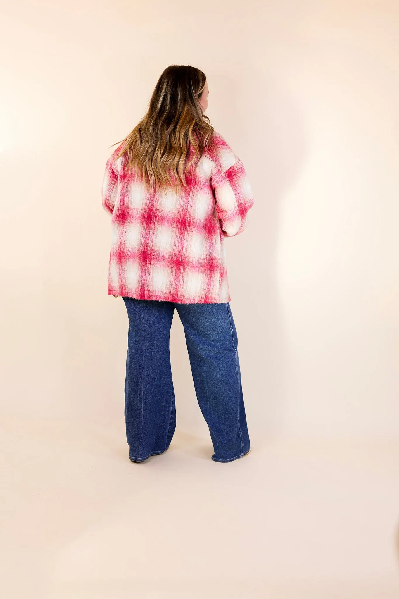 Mountain Retreat Plaid Fleece Jacket with Corduroy Trim in Pink