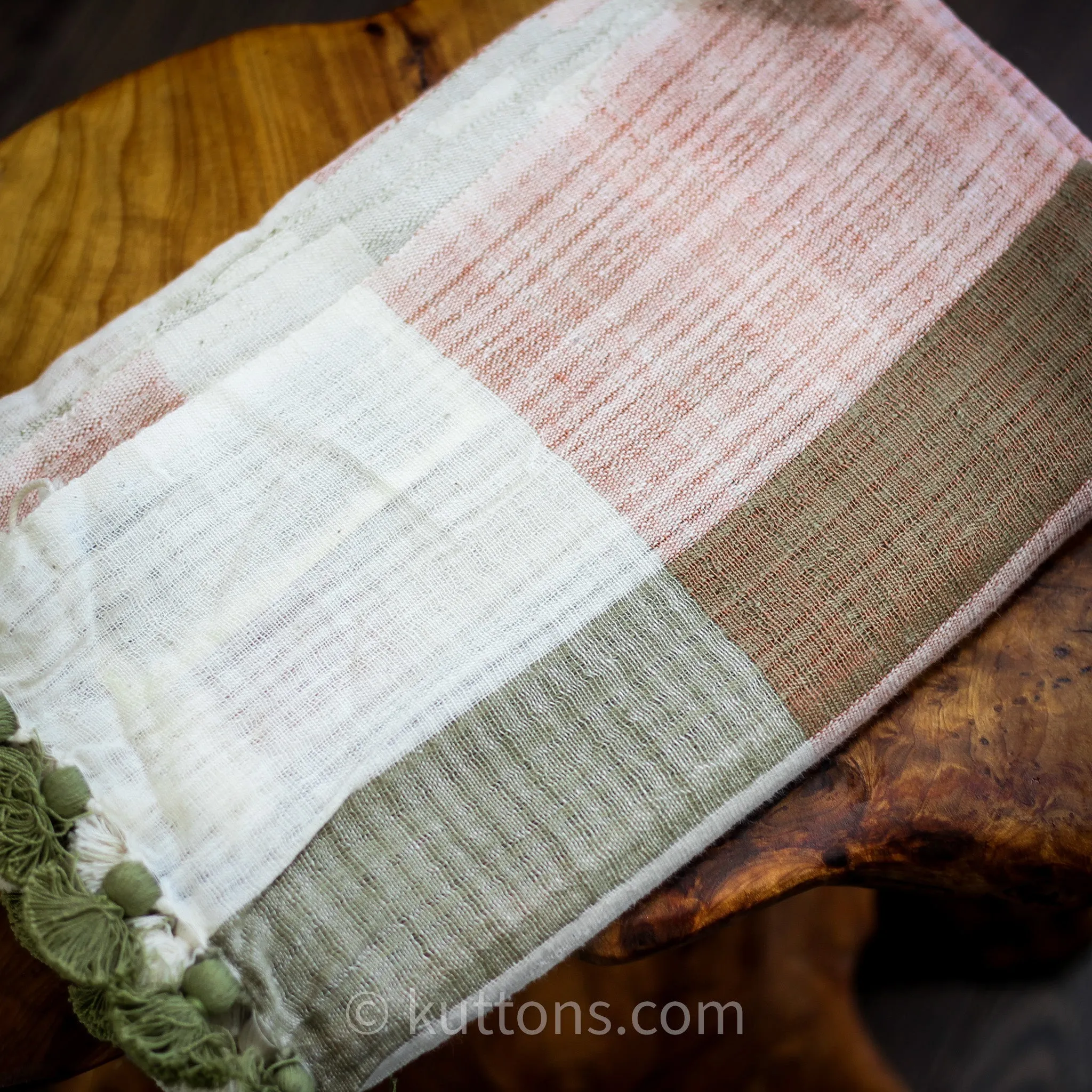 Naturally Dyed Organic Cotton Scarf with Tassels - Handspun & Handwoven Light, Airy Stole | White-Pink, 26x78"