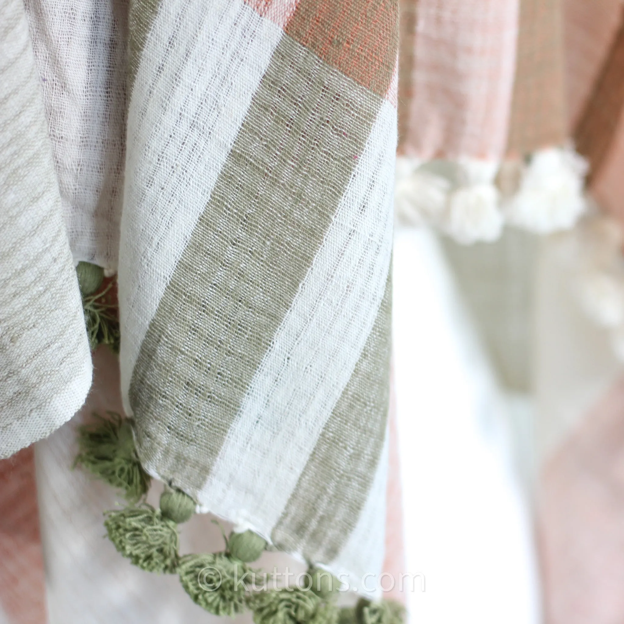 Naturally Dyed Organic Cotton Scarf with Tassels - Handspun & Handwoven Light, Airy Stole | White-Pink, 26x78"