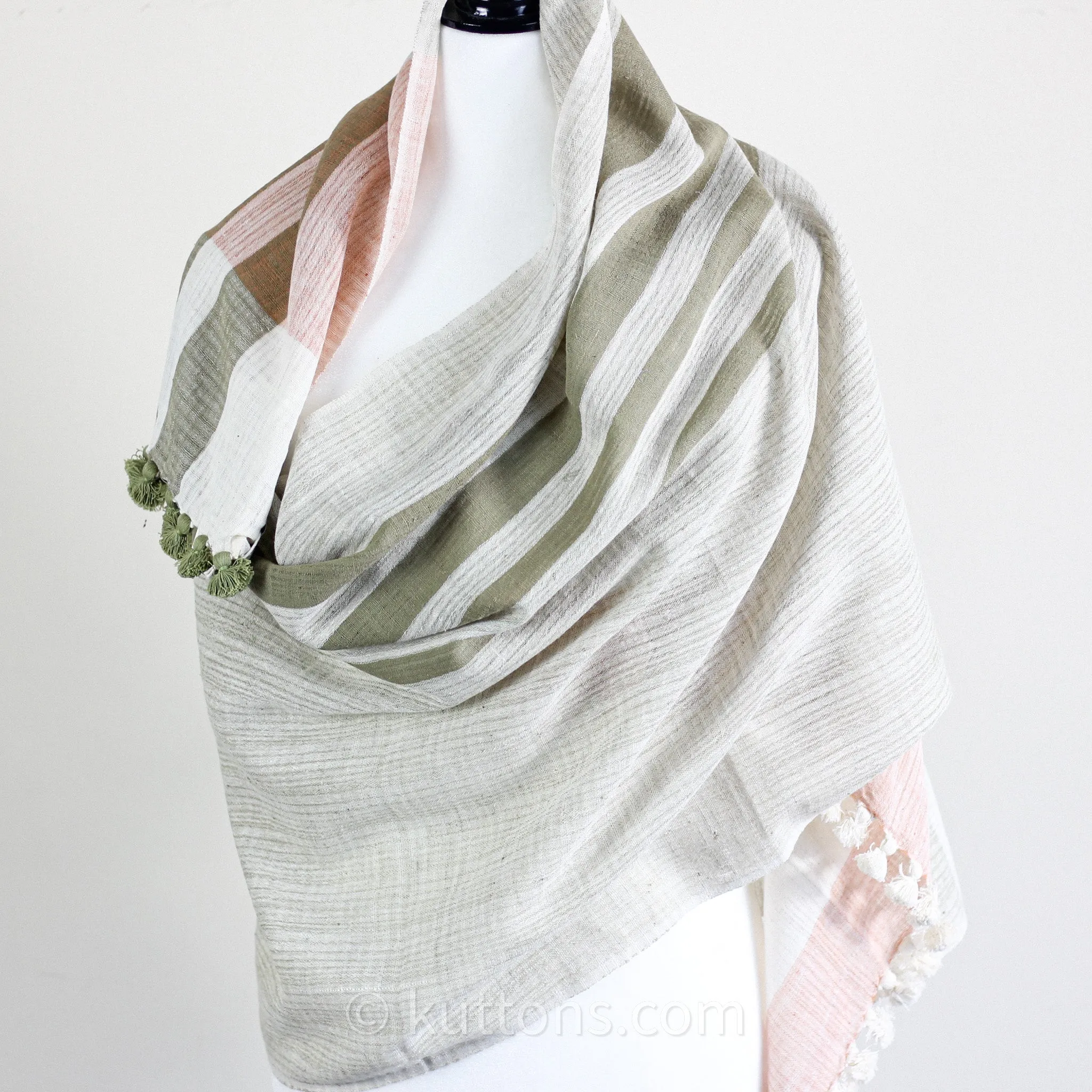 Naturally Dyed Organic Cotton Scarf with Tassels - Handspun & Handwoven Light, Airy Stole | White-Pink, 26x78"