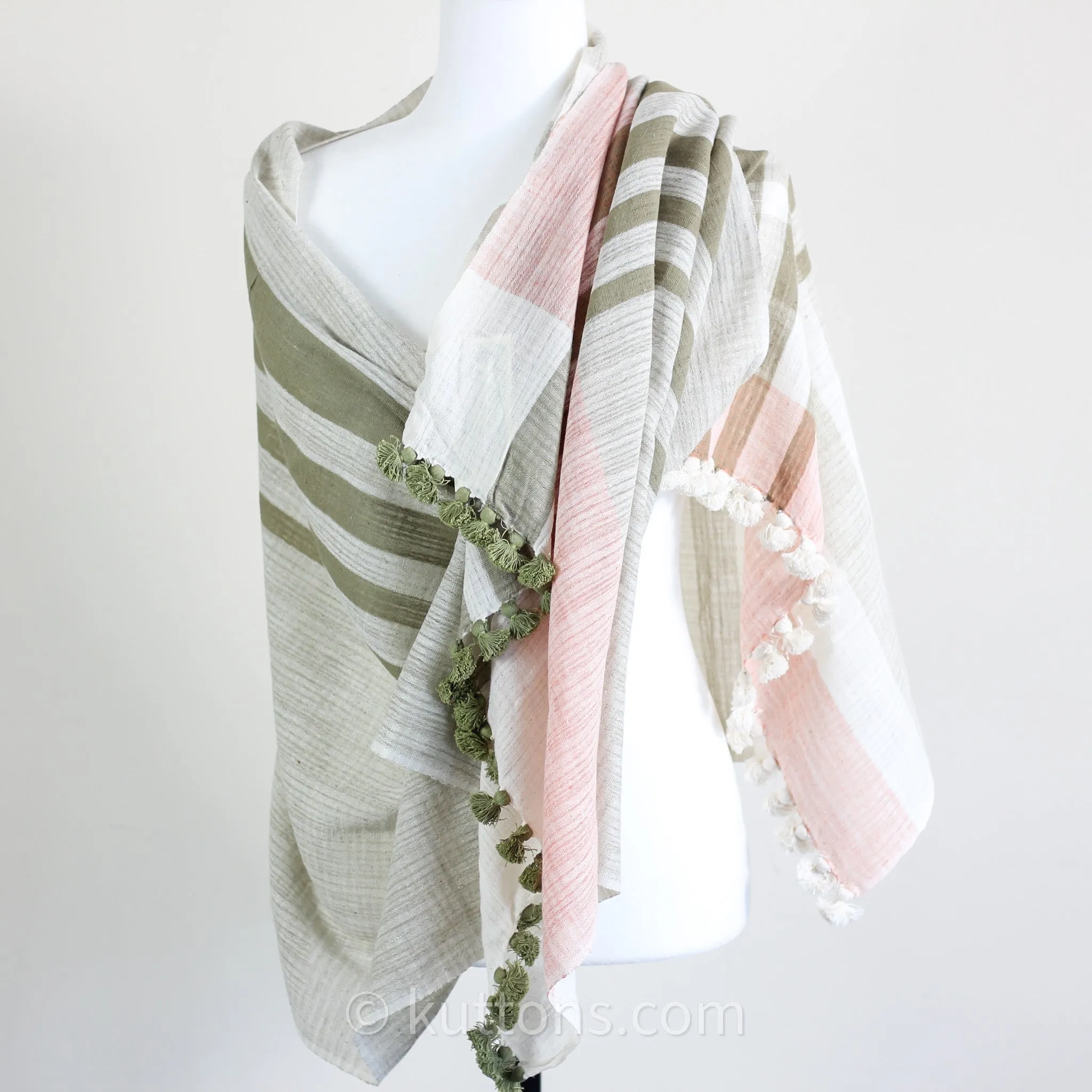 Naturally Dyed Organic Cotton Scarf with Tassels - Handspun & Handwoven Light, Airy Stole | White-Pink, 26x78"