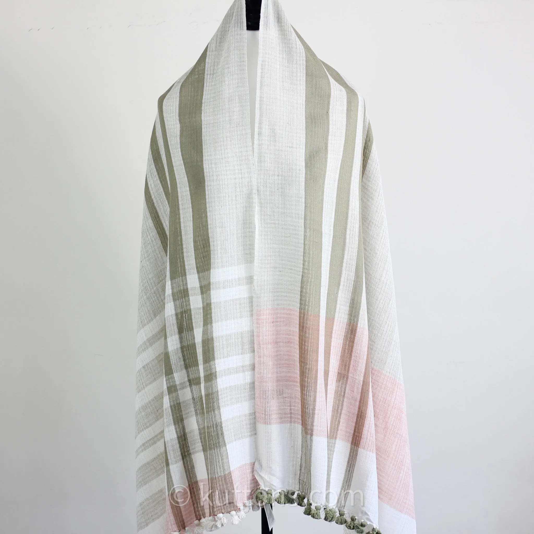 Naturally Dyed Organic Cotton Scarf with Tassels - Handspun & Handwoven Light, Airy Stole | White-Pink, 26x78"