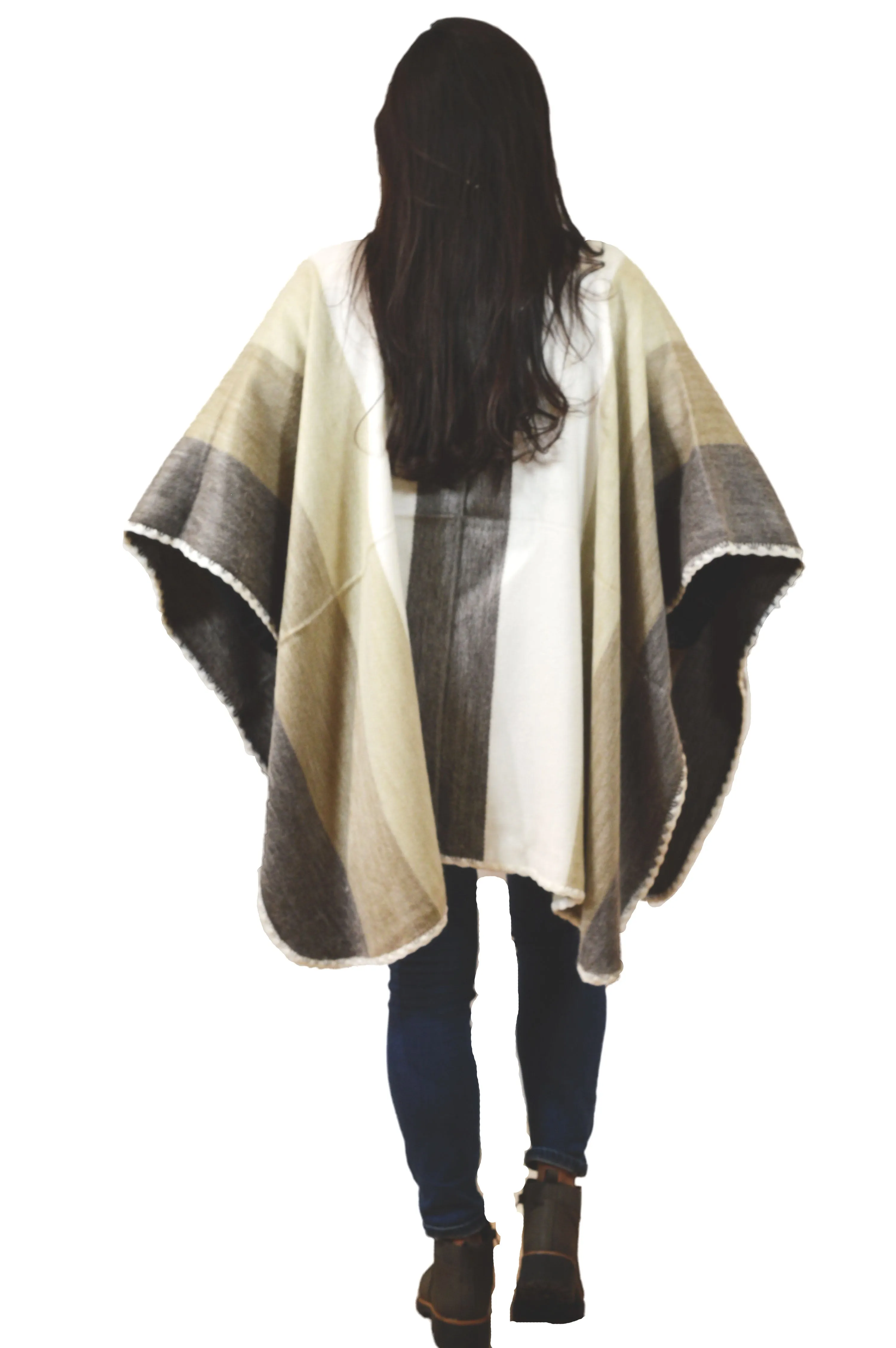 Neutral Tone Alpaca Poncho with hand crochet collar