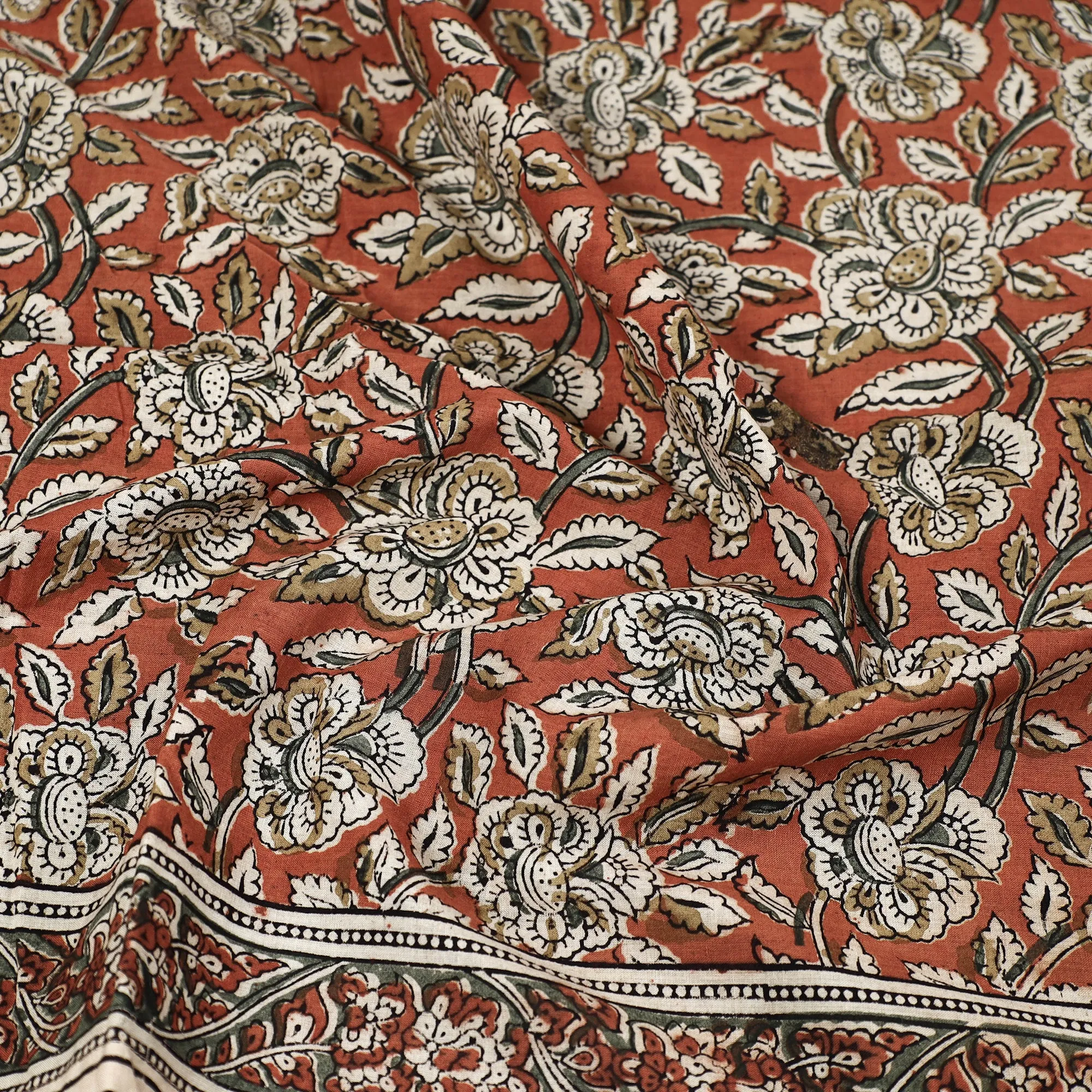 Orange - Pedana Kalamkari Block Printed Natural Dyed Cotton Scarf 54