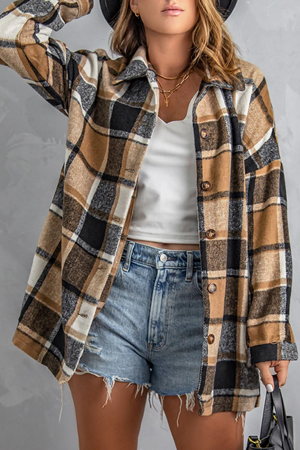 Orange Plaid Button Up Long Sleeve Flannel Shacket