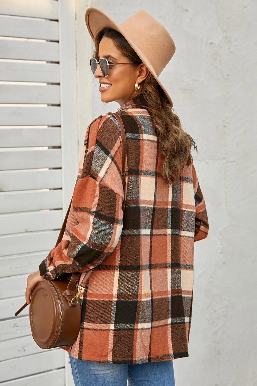 Orange Plaid Button Up Long Sleeve Flannel Shacket