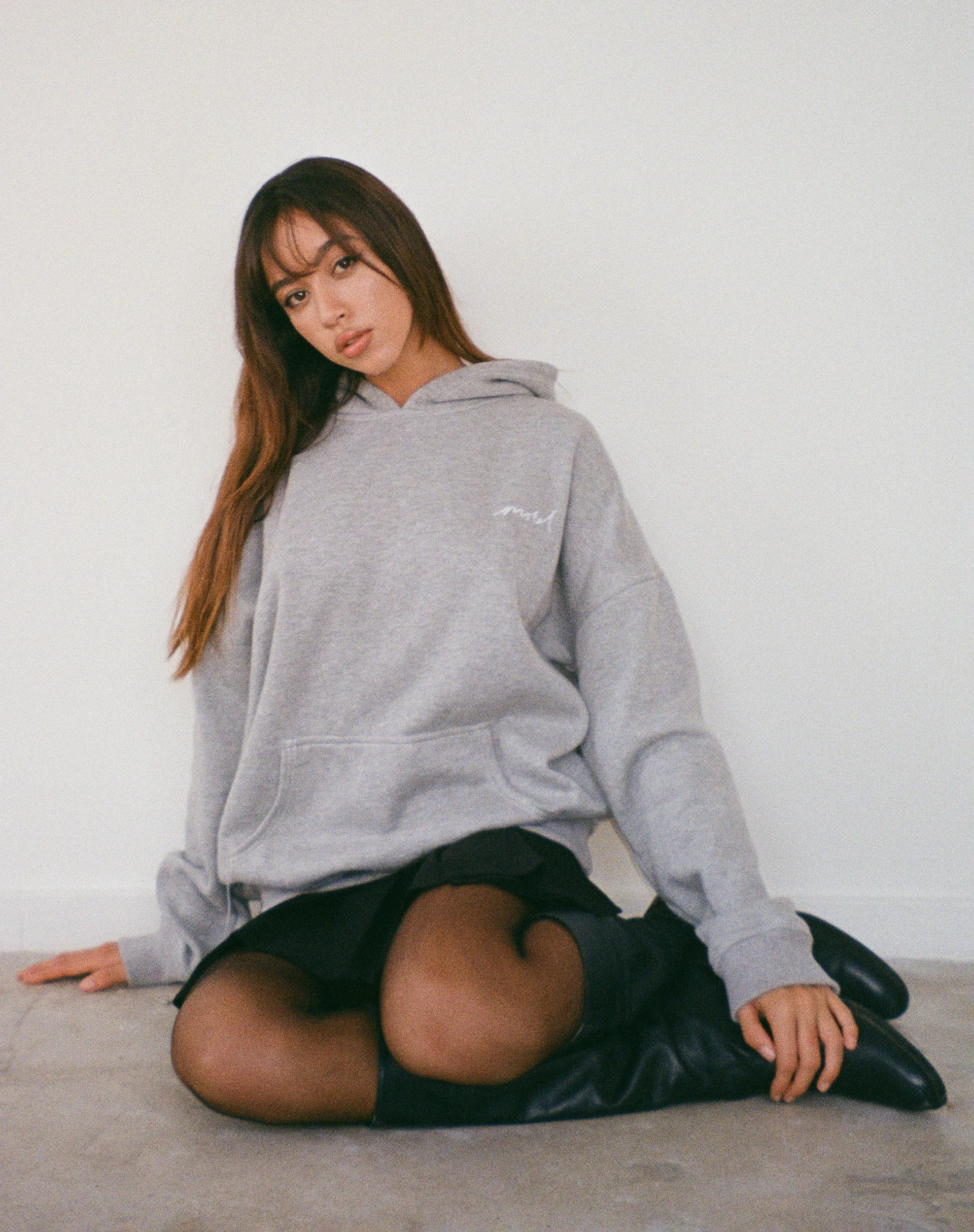 Oversize Hoodie in Grey Marl with Motel Scribble Embroidery