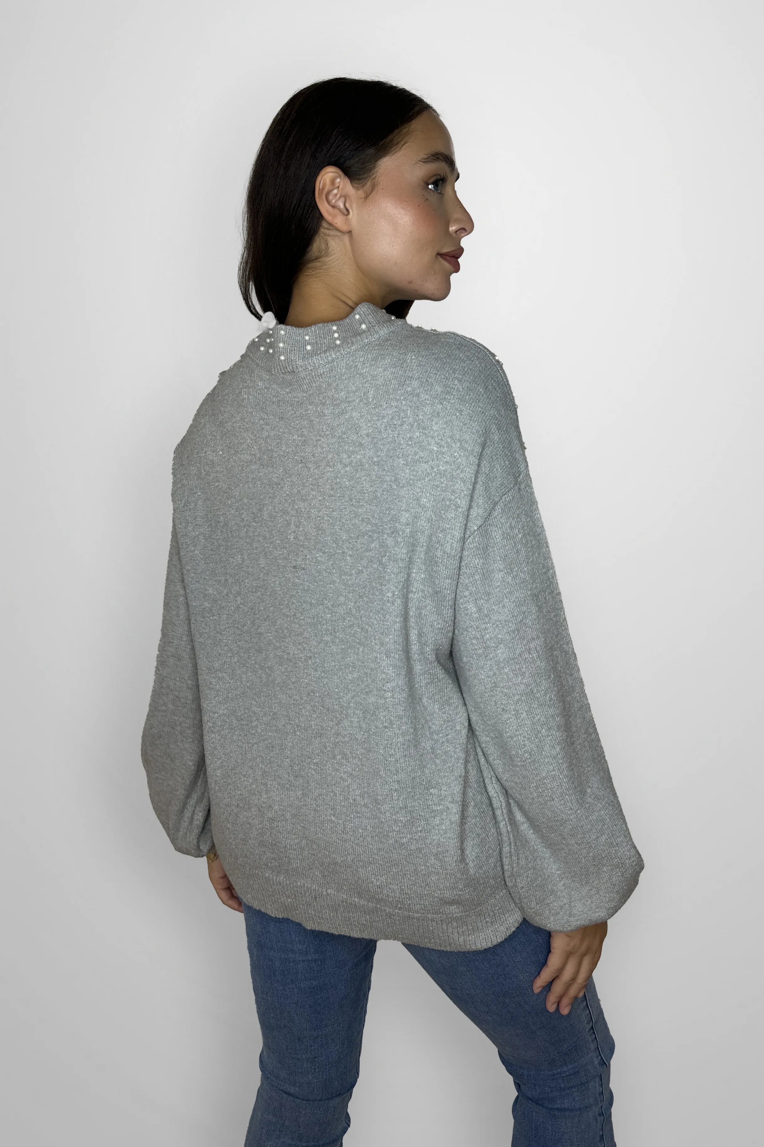 Pearl Embellished Thick Knit Cotton Blend Pullover