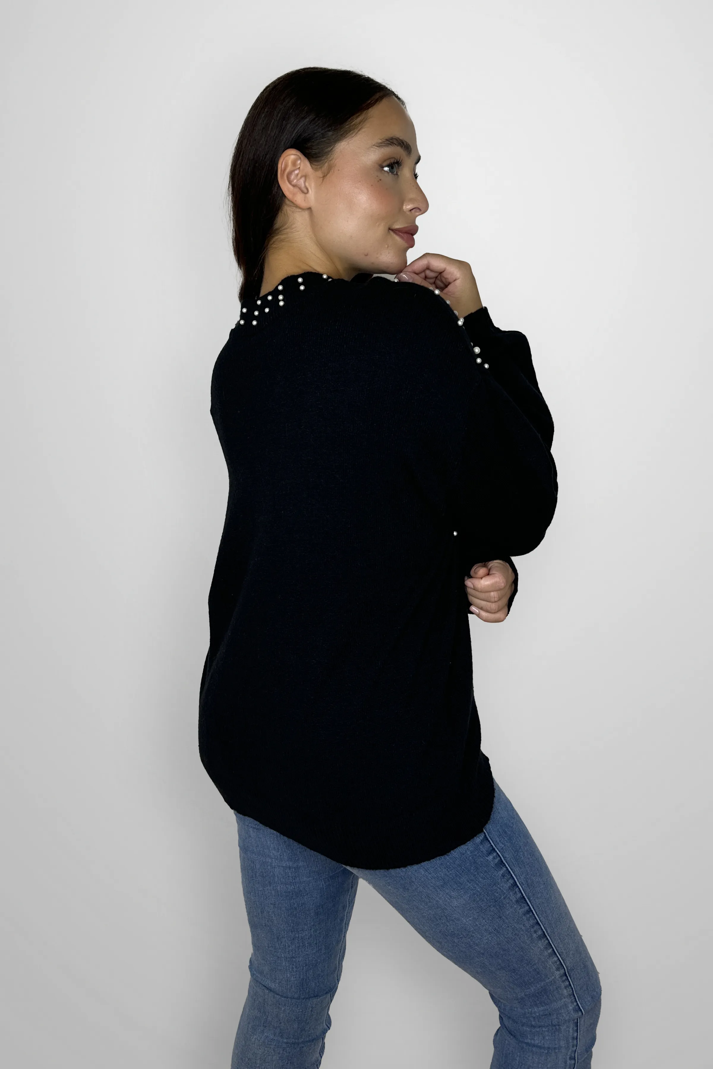 Pearl Embellished Thick Knit Cotton Blend Pullover