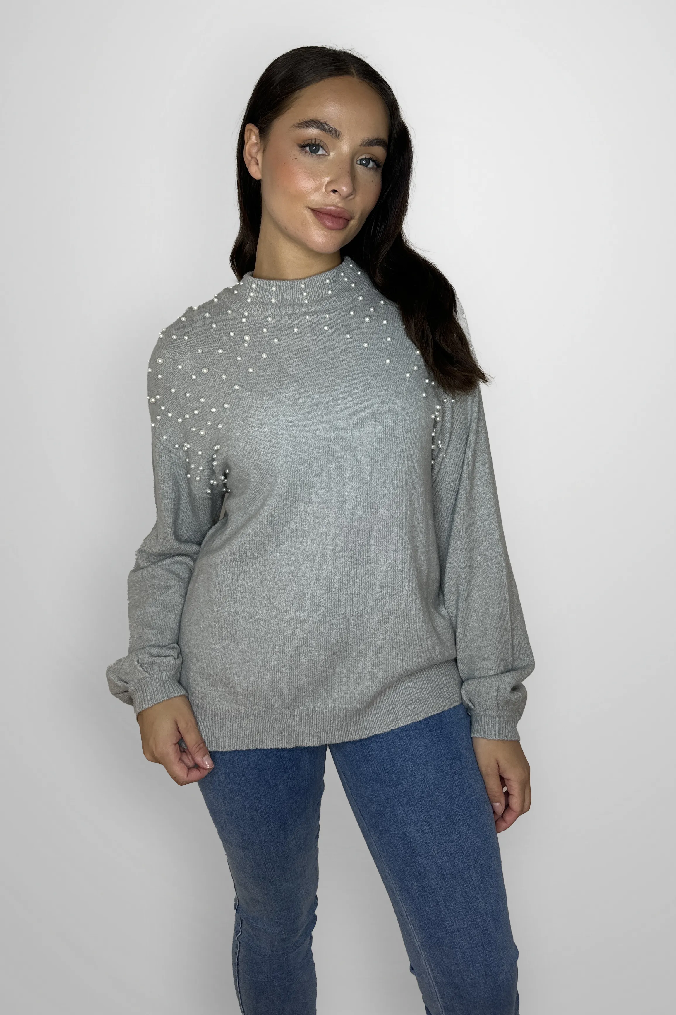 Pearl Embellished Thick Knit Cotton Blend Pullover