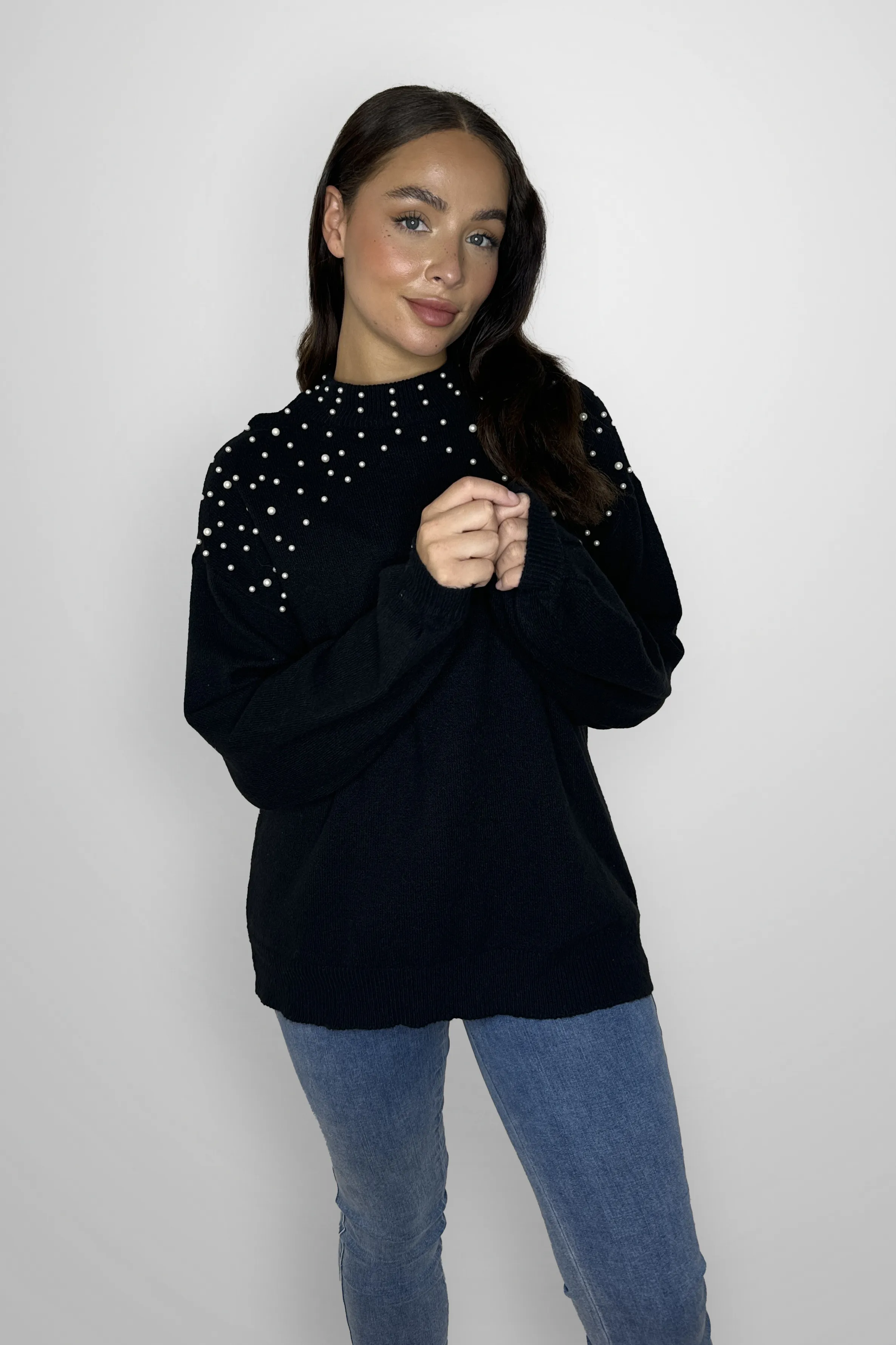 Pearl Embellished Thick Knit Cotton Blend Pullover