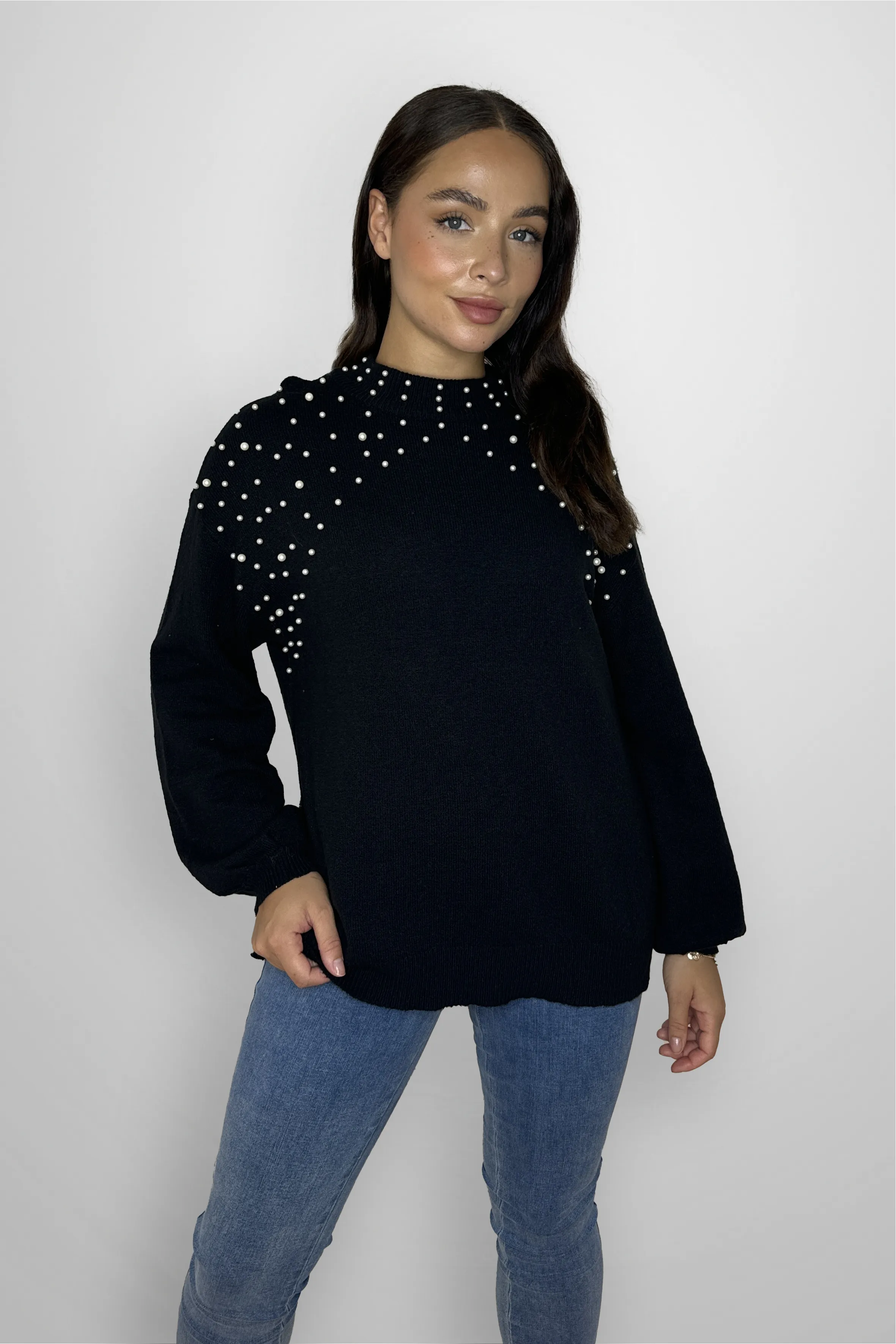 Pearl Embellished Thick Knit Cotton Blend Pullover