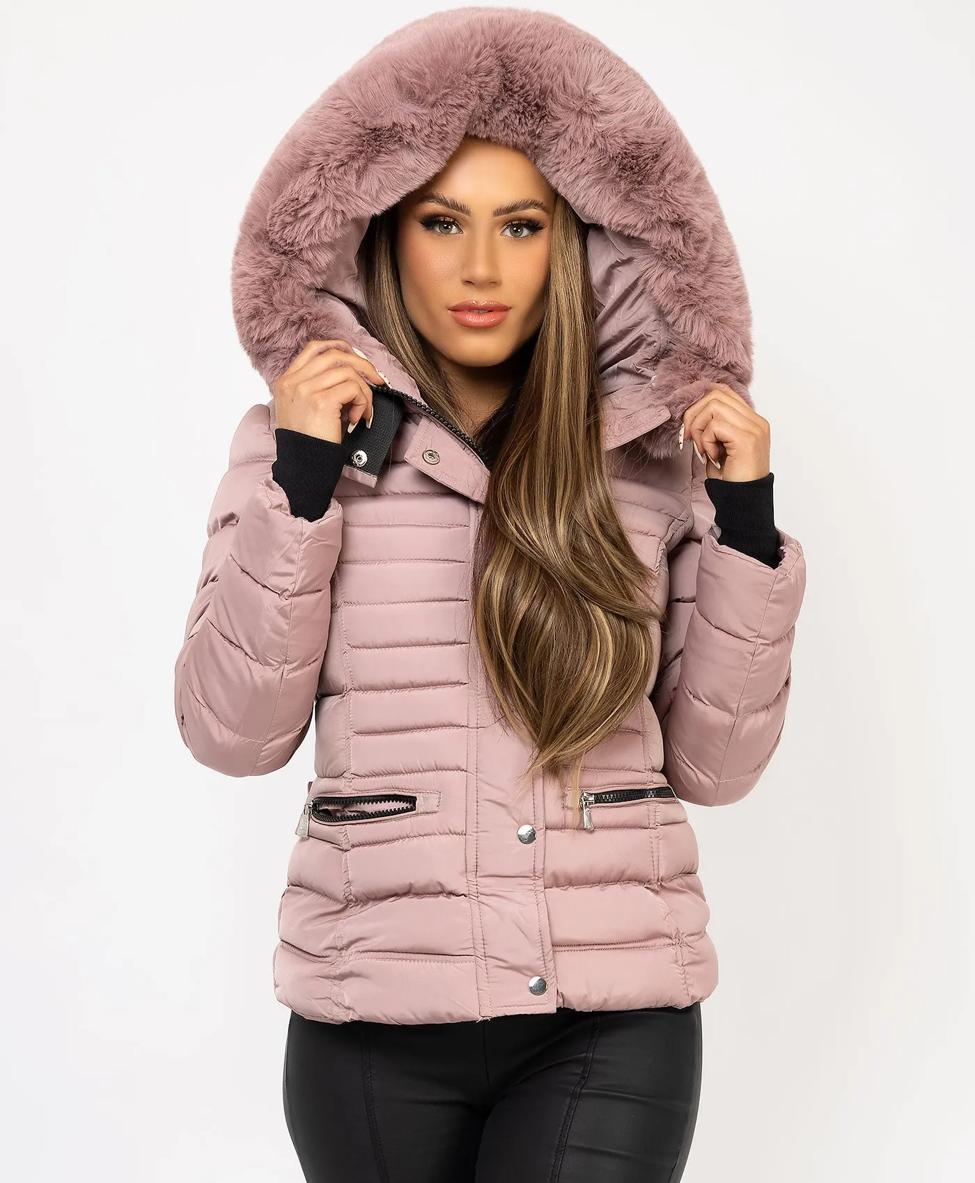 Pink Padded Quilted Faux Fur Hood Puffer Jacket Coat