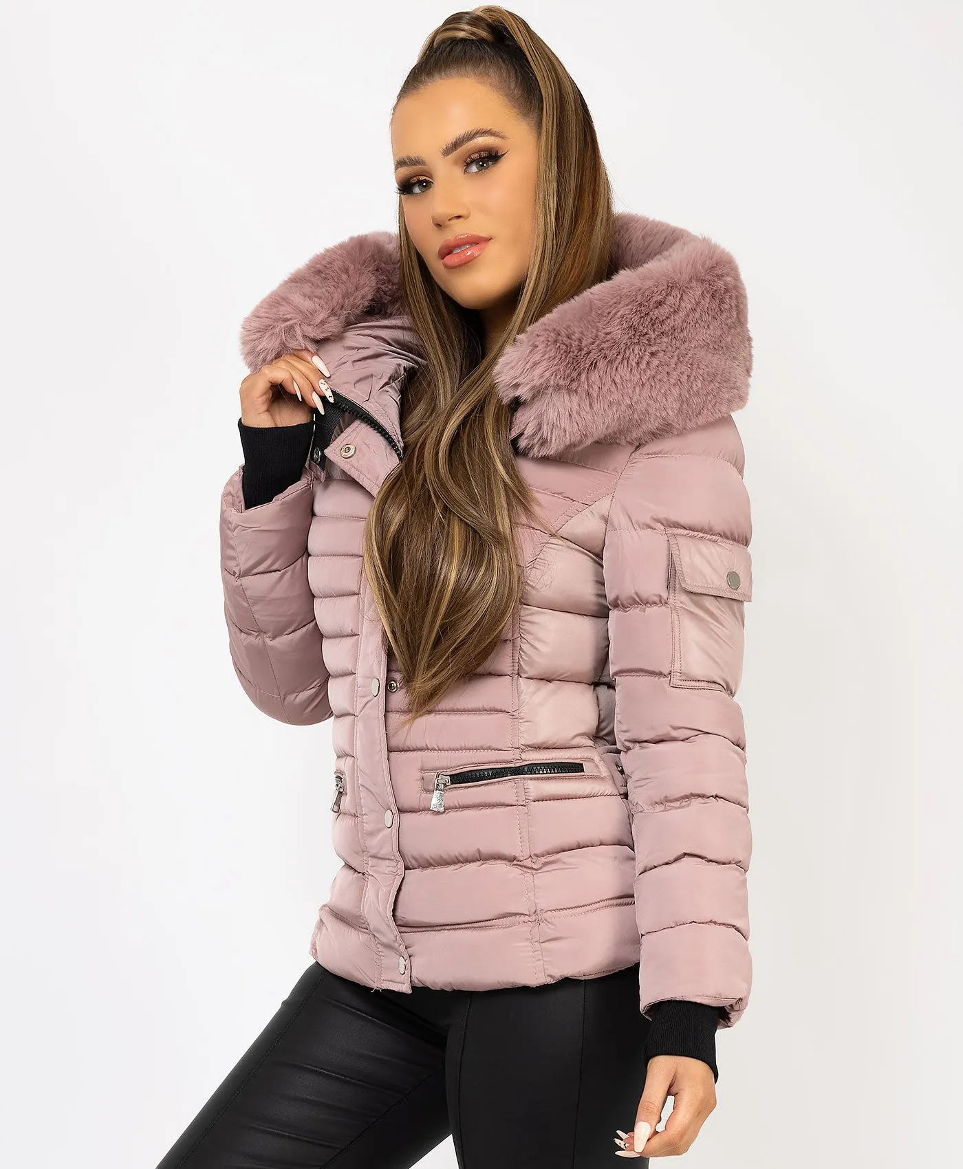 Pink Padded Quilted Faux Fur Hood Puffer Jacket Coat